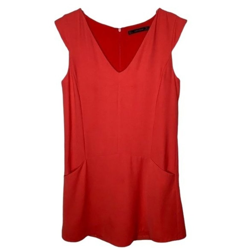 ZARA BASIC Red V-Neck Cap Sleeve Dress Size Small